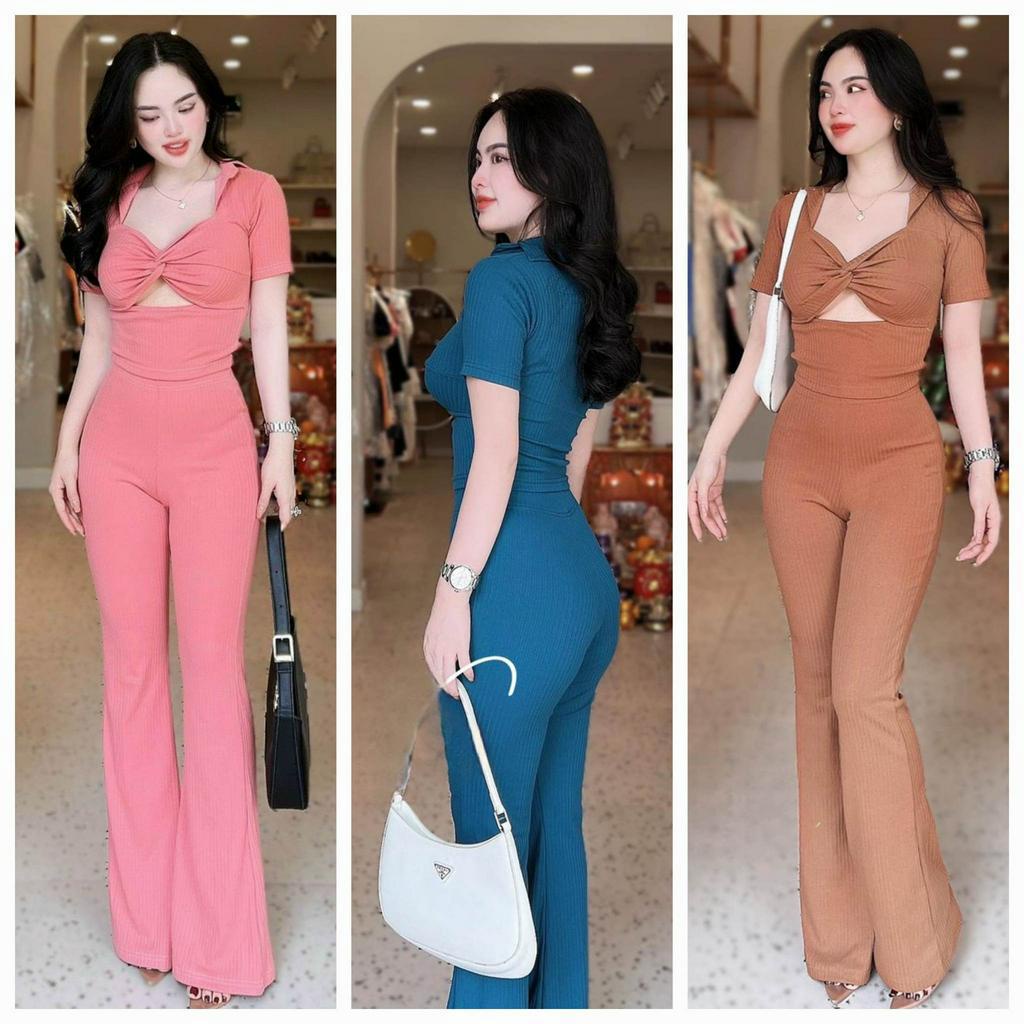 Đồ bộ nữ, set đồ bộ quần ống loe đai cao và áo croptop ôm ngắn tay cổ sơ mi khoét ngực vải gân tăm, bộ đồ mặc ở nhà nữ