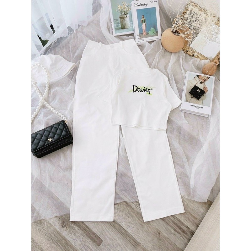 set quần kaki suông mix áo croptop Davies