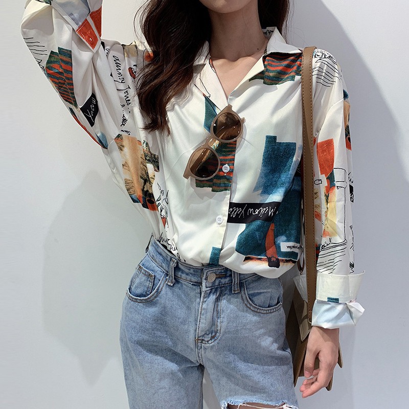 Áo sơ mi dài tay form rộng in họa tiết hoạt hình phong cách vintage thời trang | BigBuy360 - bigbuy360.vn