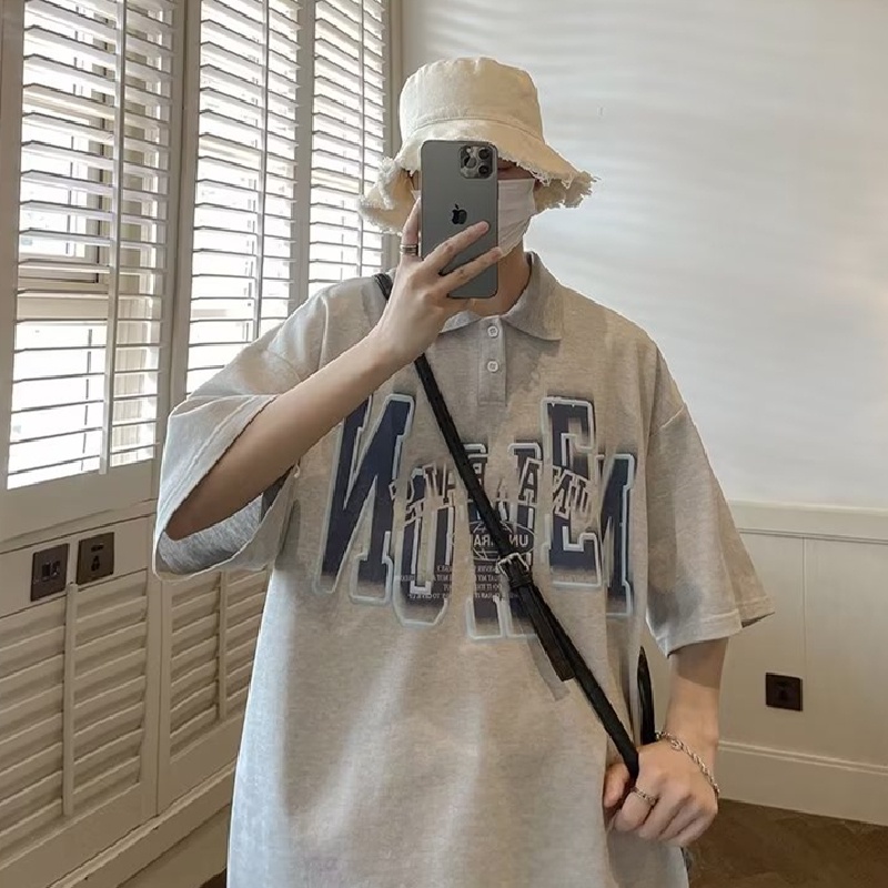 Áo Thun POLO Tay Ngắn Dáng Rộng Thoáng Khí In Chữ Phong Cách hip hop Đường Phố Hàn Quốc Thời Trang Mùa Hè Cho Nam