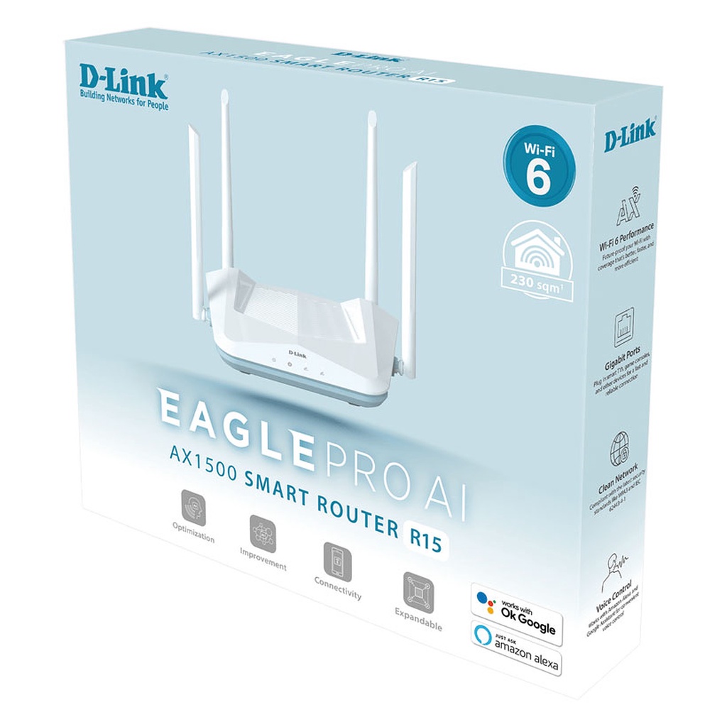 Bộ Phát Wifi Router thông minh chuẩn Wi-Fi 6 Gigabit Băng Tần Kép AX1500 -D-Link Eagle Pro AI R15 - AX 1500Mbps