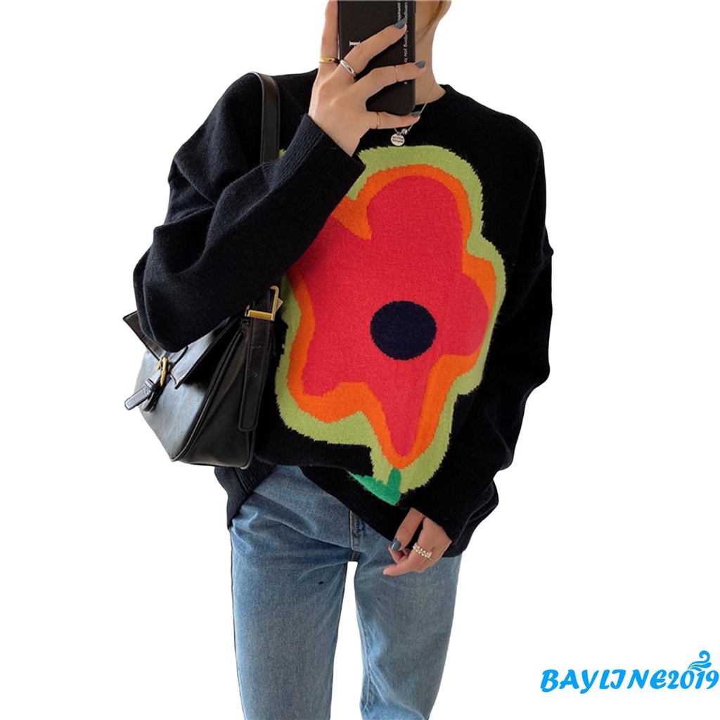 Áo Len Tay Dài Cổ Tròn Họa Tiết Hoa Nhiều Màu Sắc Thời Trang Cho Nữ