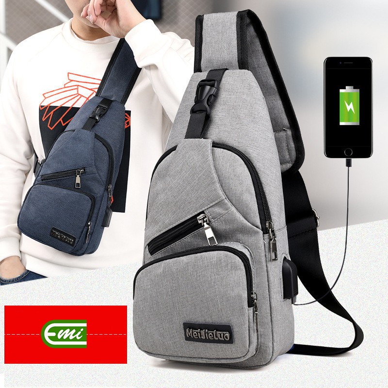{Freeship} Túi đeo chéo nam nữ thời trang có lỗ sạc cổng USB bằng vải cao cấp EMI BE851 | BigBuy360 - bigbuy360.vn