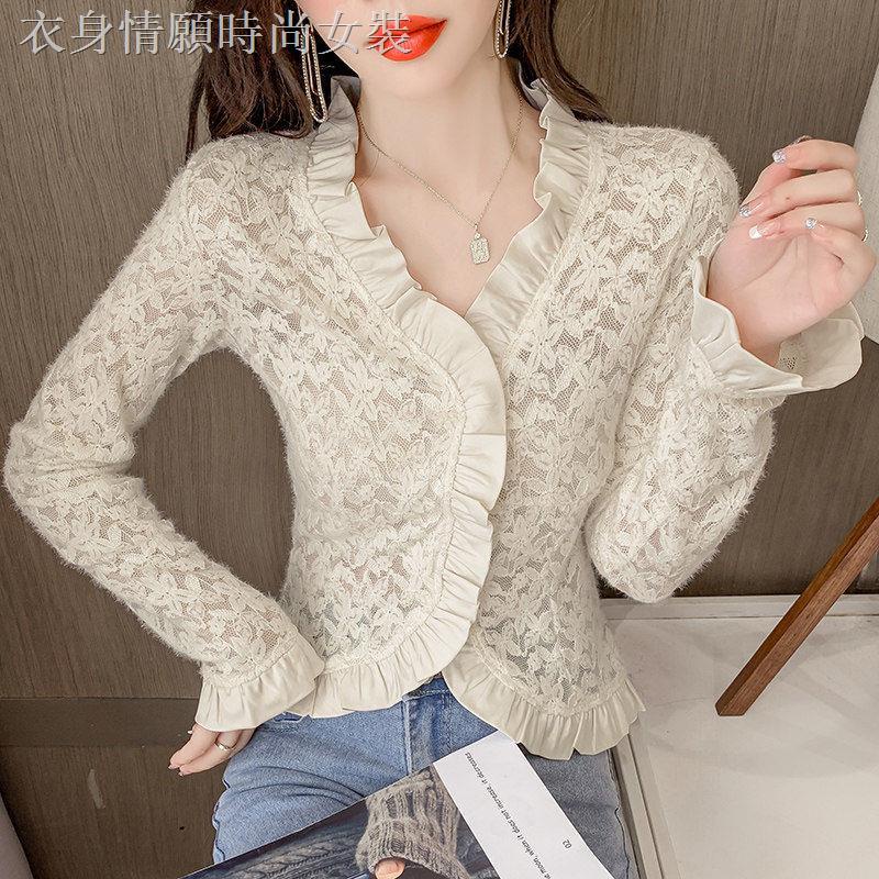 ☄Áo Sơ Mi Nữ Tay Dài Cổ Chữ V Phối Ren Bèo Phong Cách Pháp Thời Trang Mùa Thu 2021