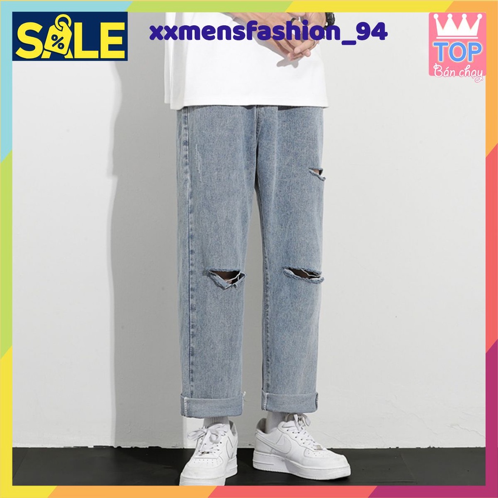Quần Jeans, Quần jeans baggy rách gối R03 nam ống suông, rộng, hottrend 2021-XX MENS FASHION!