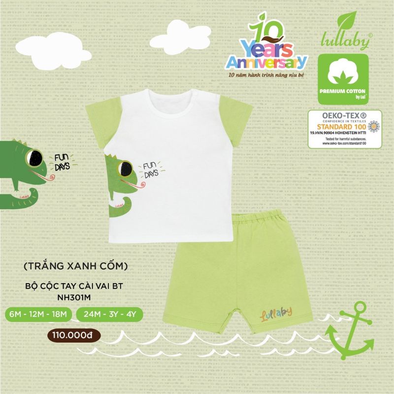 Lullaby - Bộ cộc tay cài vai chất cotton cho bé từ 6m đến 4y
