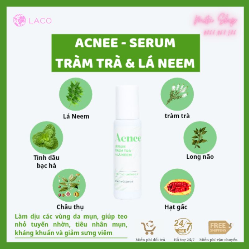 Serum Tràm Trà &amp; Lá Neem - Tinh chất chấm mụn Acnee Laco giảm sưng viêm, tiêu nhân mụn, hiệu quả ngay từ lần đầu sử dụng