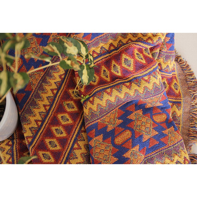 [RẺ-SẴN]Chăn thảm đa năng trải sàn,sofa,treo tường dệt sợi trang trí thổ cẩm kẻ vàng 2lớp_1m8x1m3-Multi-function blanket