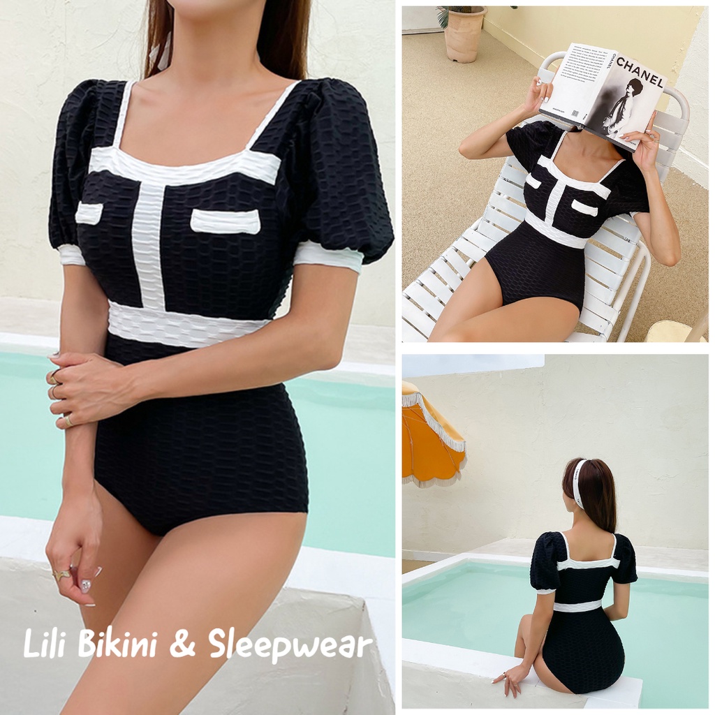 Mẫu mới 2023 bikini Hàn Quốc một mảnh kín đáo tay ngắn màu đen trắng cơ bản thun gân xịn, đồ bơi, đi biển