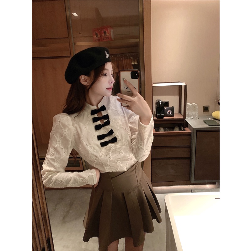 Áo sơ mi công chúa tay dài cổ thắt nơ màu sắc ngọt ngào phong cách Trung Hoa thời trang cho nữ