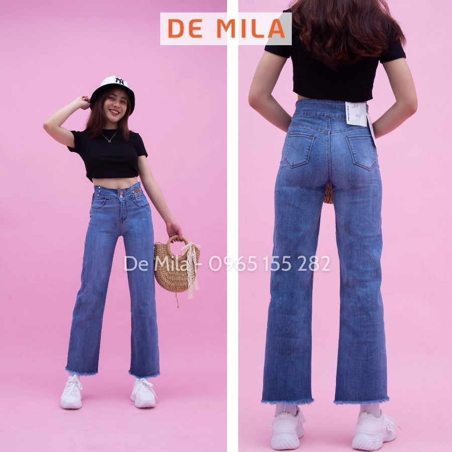 Quần jean nữ ống rộng De Mila Cao Cấp, quần bò suông dài tua gấu cạp cao hách dáng Hàng Loại 1- QJS006