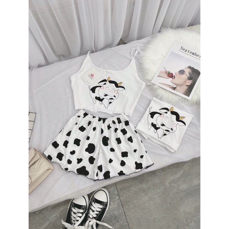 [Rẻ Vô Địch] Bộ Áo Croptop Bò Sữa Quần Đùi 🦋 Set Áo 2 Dây Quần Cộc Nhiều Hình 🦋