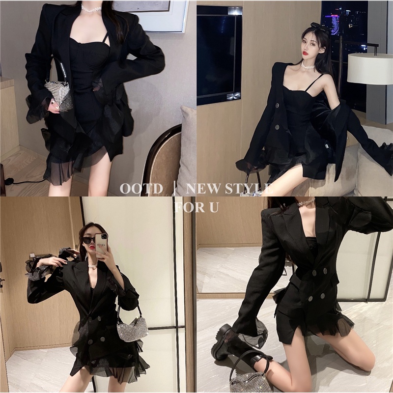 Set Áo Khoác + Đầm Hai Dây Phối Lưới Phong Cách Retro Thời Trang Dành Cho Nữ