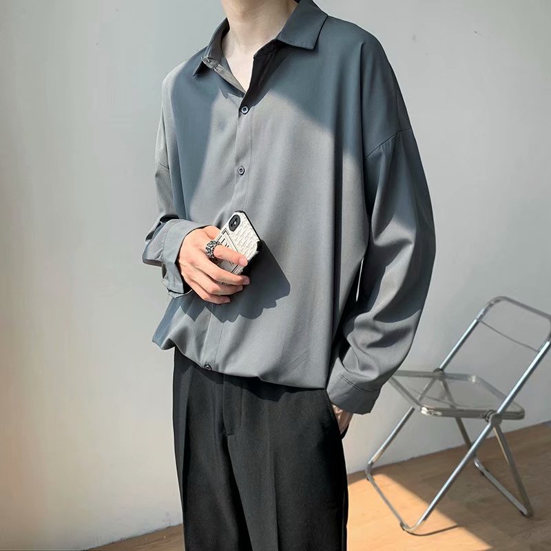 Áo Sơ Mi Trơn Tay Dài Dáng Rộng Thoáng Khí Phong Cách Hàn Quốc Thời Trang Cho Nam