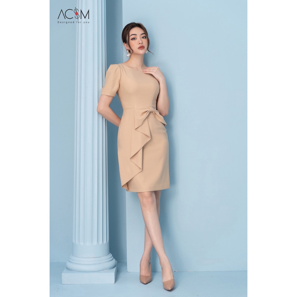 Đầm peplum nơ ly AC&M cổ tròn chất liệu tuytsy nhật màu kem