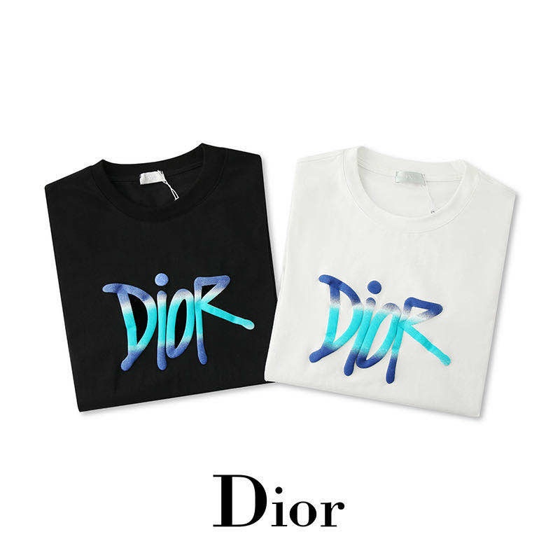 DIOR Summer 20 Chữ cái màu ba chiều cho nam và nữ Logo D In R Cổ tròn Trên đầu