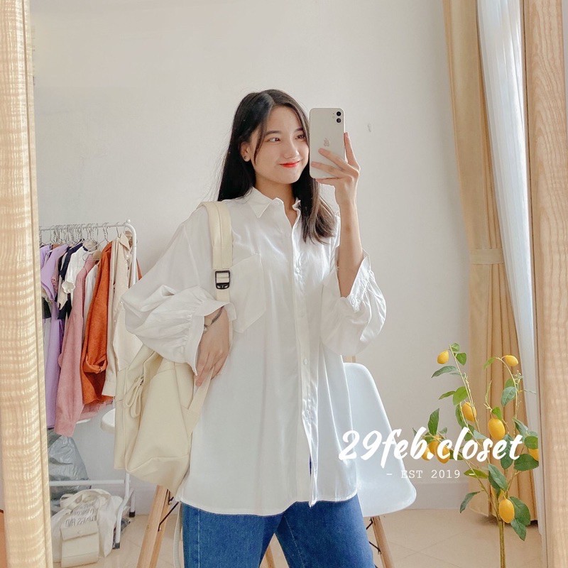 Thanh lý áo sơ mi trắng lụa hàn oversize tay phồng mặc 1 lần đi đà lạt chụp ảnh