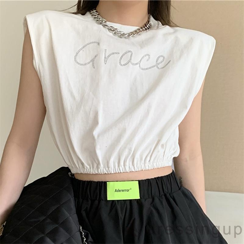 Áo Croptop Sát Nách Cổ Tròn Dáng Rộng Đính Đá In Chữ Cá Tính Cho Nữ