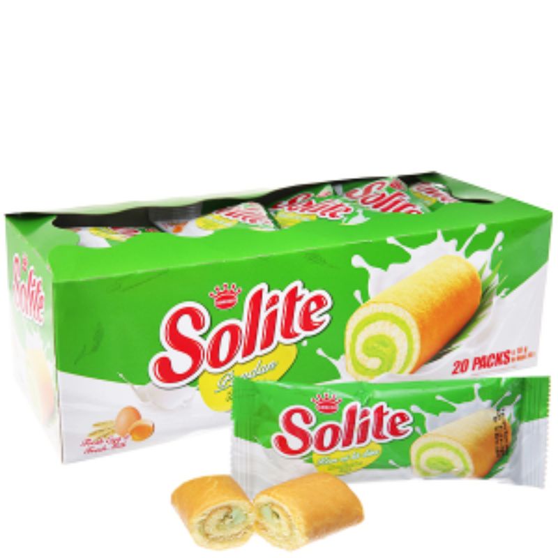 Bánh Bông Lan Solite Cuộn 360 gam hộp( 20 gói ×18g).Có 3 vị :Lá Dứa,Bơ Sữa,Dâu