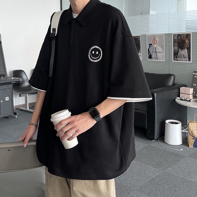 Áo thun polo ngắn tay dáng rộng in hình mặt cười phong cách Hàn Quốc cho nam và nữ