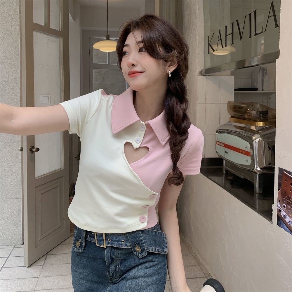Áo Thun POLO Tay Ngắn Dáng Ôm Màu Sắc Tương Phản Phong Cách Hàn Quốc Thời Trang Xuân Hè Cho Nữ