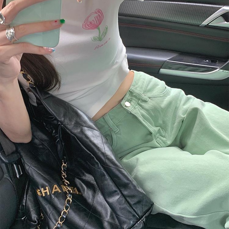 Quần denim IELGY dáng rộng xẻ tà màu xanh lá nhạt sang chảnh thời trang dành cho nữ