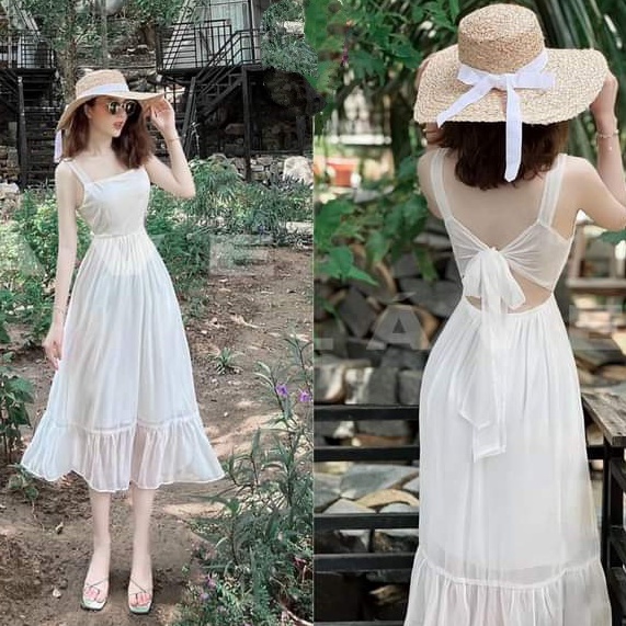Đầm nữ maxi hai dây thất nơ lưng chât voan chingfon hai lớp (có mút) quá đẹp