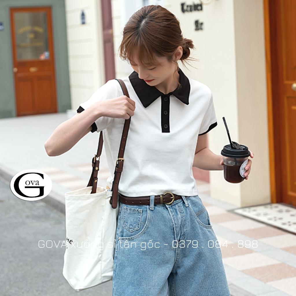 Áo Croptop CỔ POLO PHỐI Màu Đen Trắng Nữ, Áo Cổ Bẻ Tay Ngắn Đẹp GOVA