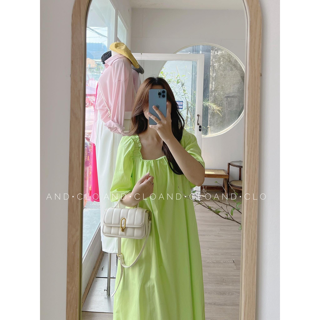 Đầm suông cổ vuông chun vai chất thô Hàn