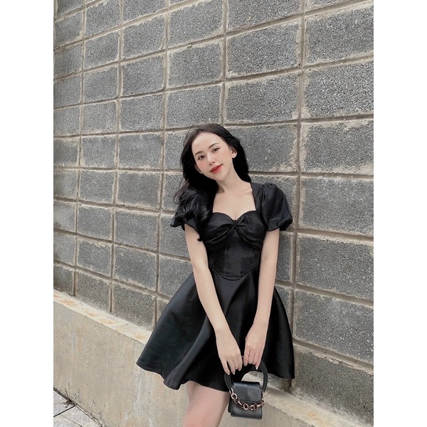 Váy nữ đi tiệc đính nơ tay bồng 🌾FREESHIP 🌾 Váy công chúa đi  tiệc dáng ngắn thiết kế cơ bản tay bồng đen trắng nâu