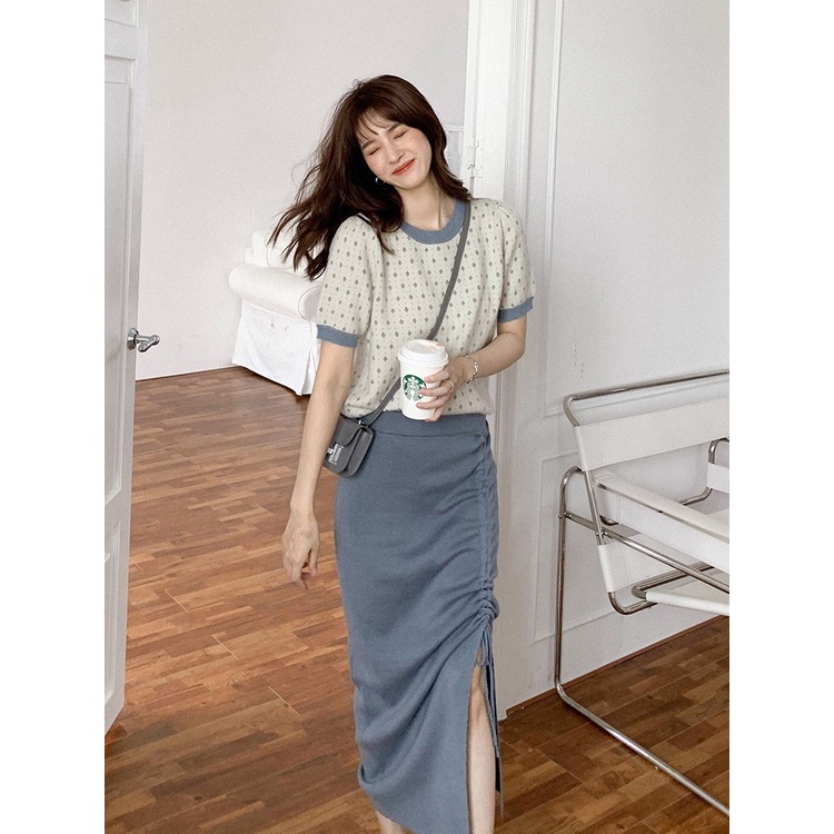 Áo phông hoạ tiết nhí tay nhí forgirl phối viền xanh thanh lịch