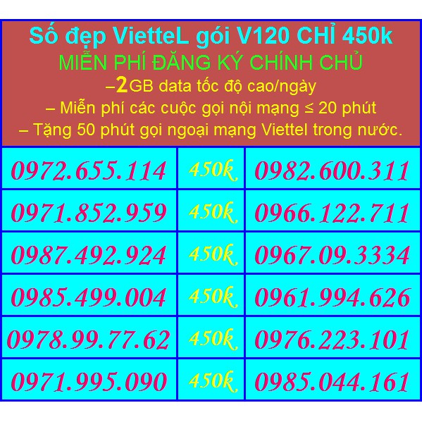 Sim Đẹp Viettel GIÁ 450k GÓI khủng V120 Miễn phí GỌI + Data tốc độ cao - HỖ TRỢ ĐĂNG KÝ CHÍNH CHỦ ( xem chi tiết Sp)