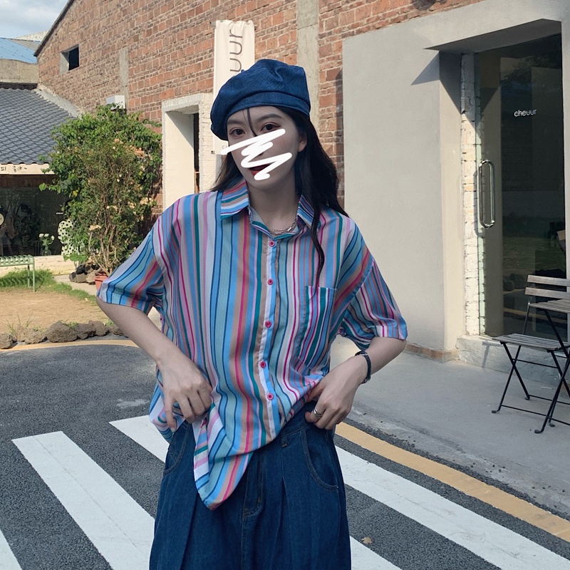 SUXI Áo sơ mi tay ngắn dáng rộng kẻ sọc màu cầu vồng thiết kế thời trang mùa hè cho nữ