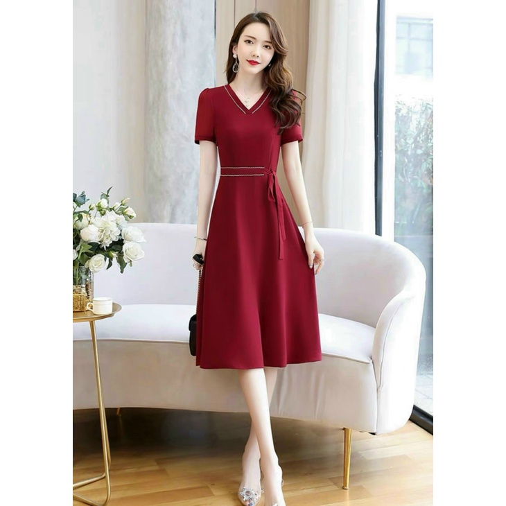 Đầm Dáng Dài Cổ tim Thắt Dây Eo Chất Voan Form Chẩn Mặc Đẹp Dáng Xinh [NEW UNISEX]