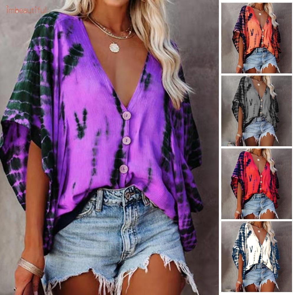 T-Shirt Bat Sleeve Casual Plus Size Summer Tee Tops Tie-dye V Neck Practical