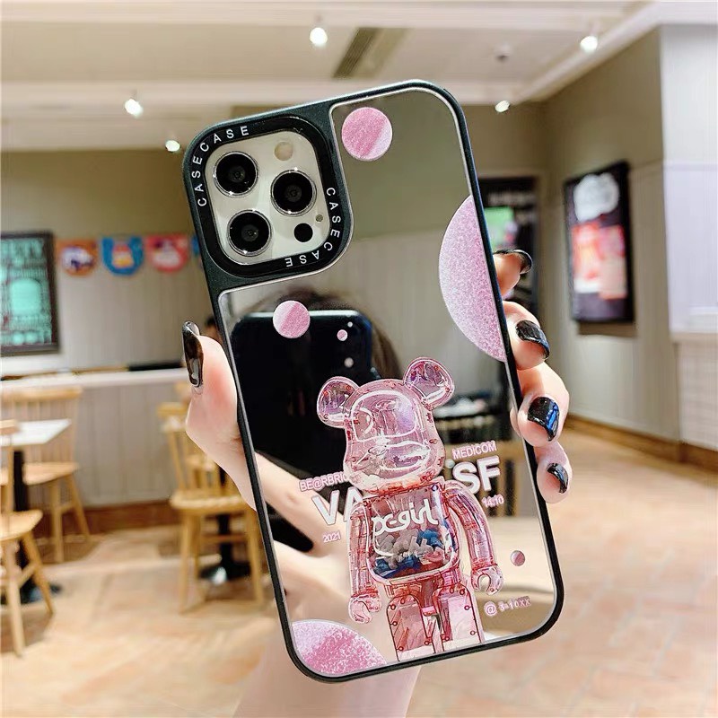Ốp iphone gấu Bearbrick hồng siêu đẹp, mặt tráng gương có thể soi