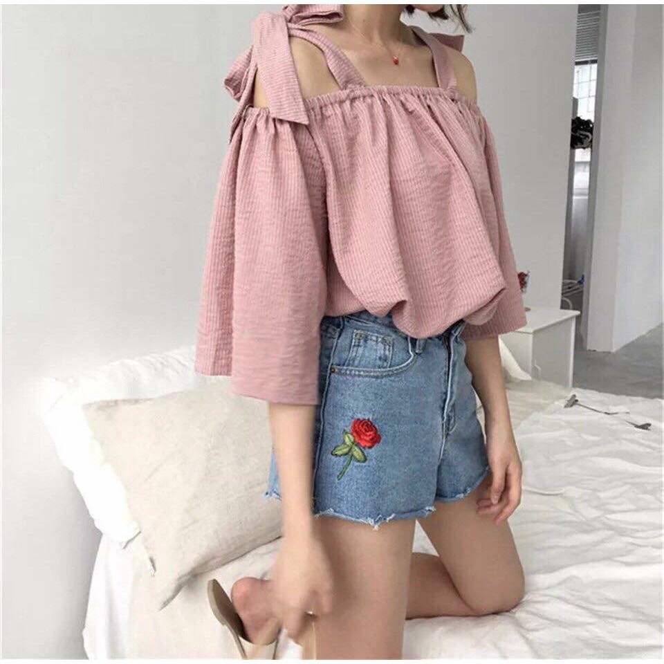 Áo trễ vai thắt nơ Uzzang về sll rồi nha cả nhà ơi