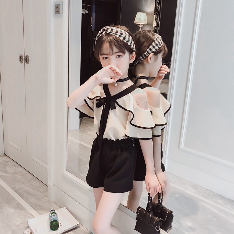 Bộ Áo chiffon Hở Vai + Quần Yếm Thời Trang Mùa Hè 2022 Mới Dành Cho Bé Gái