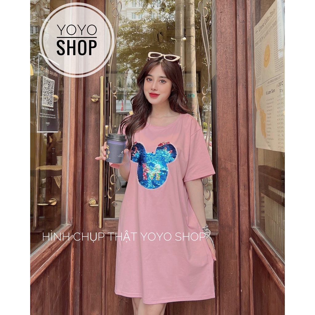 Áo đầm nữ thun thái phom rộng dấu quần tay lỡ form dưới 70kg đầu chuột màu đen