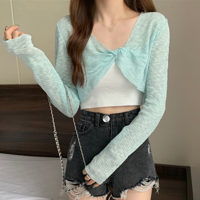 Áo khoác cổ chữ V đan chéo dáng ngắn mỏng chống nắng thời trang mùa hè năng động cho nữ