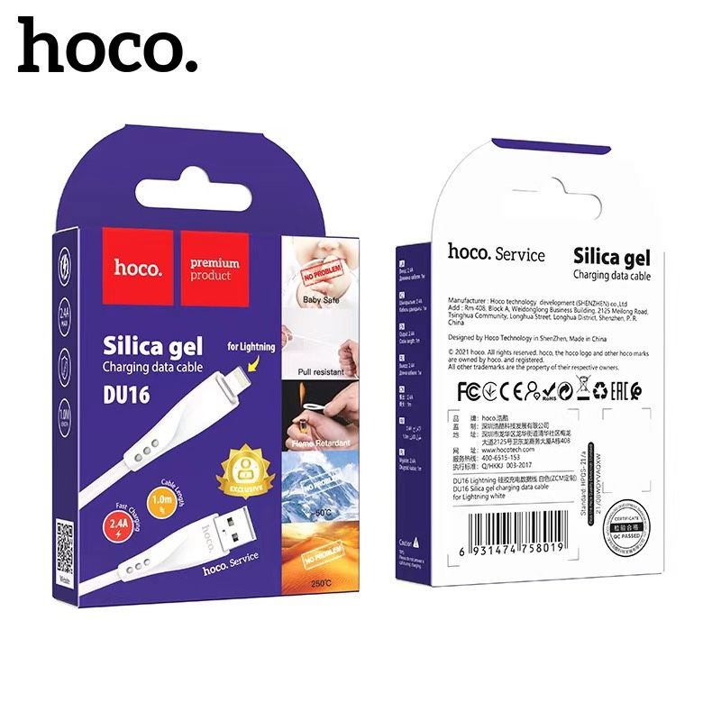 Cáp sạc 2.4A Hoco DU16 Lightning dây silica siêu bền chịu được nhiệt độ cao cho iPhone/iPad dài 1M
