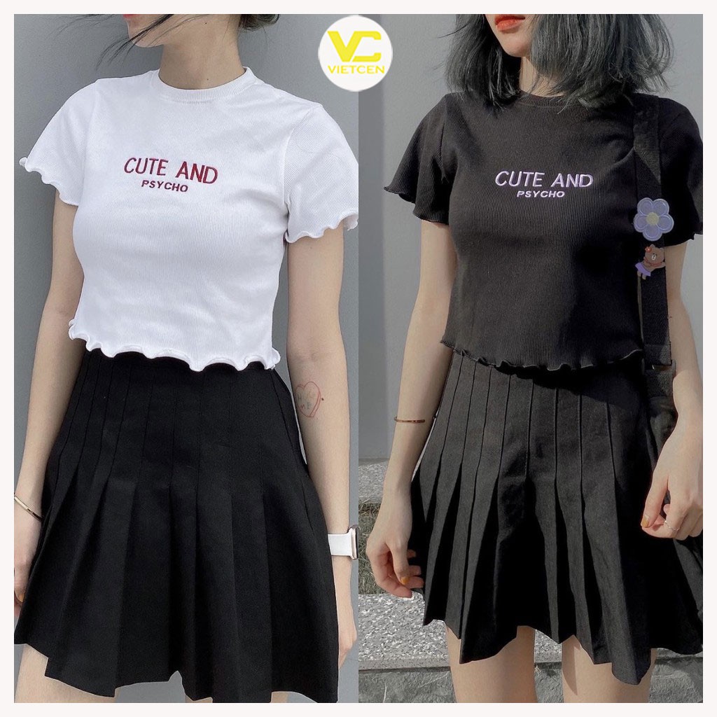 Áo croptop nữ ôm kiểu viền bèo VIETCEN áo crtop ngắn tay CUTE 2 màu trắng đen chất thun đẹp mịn mát