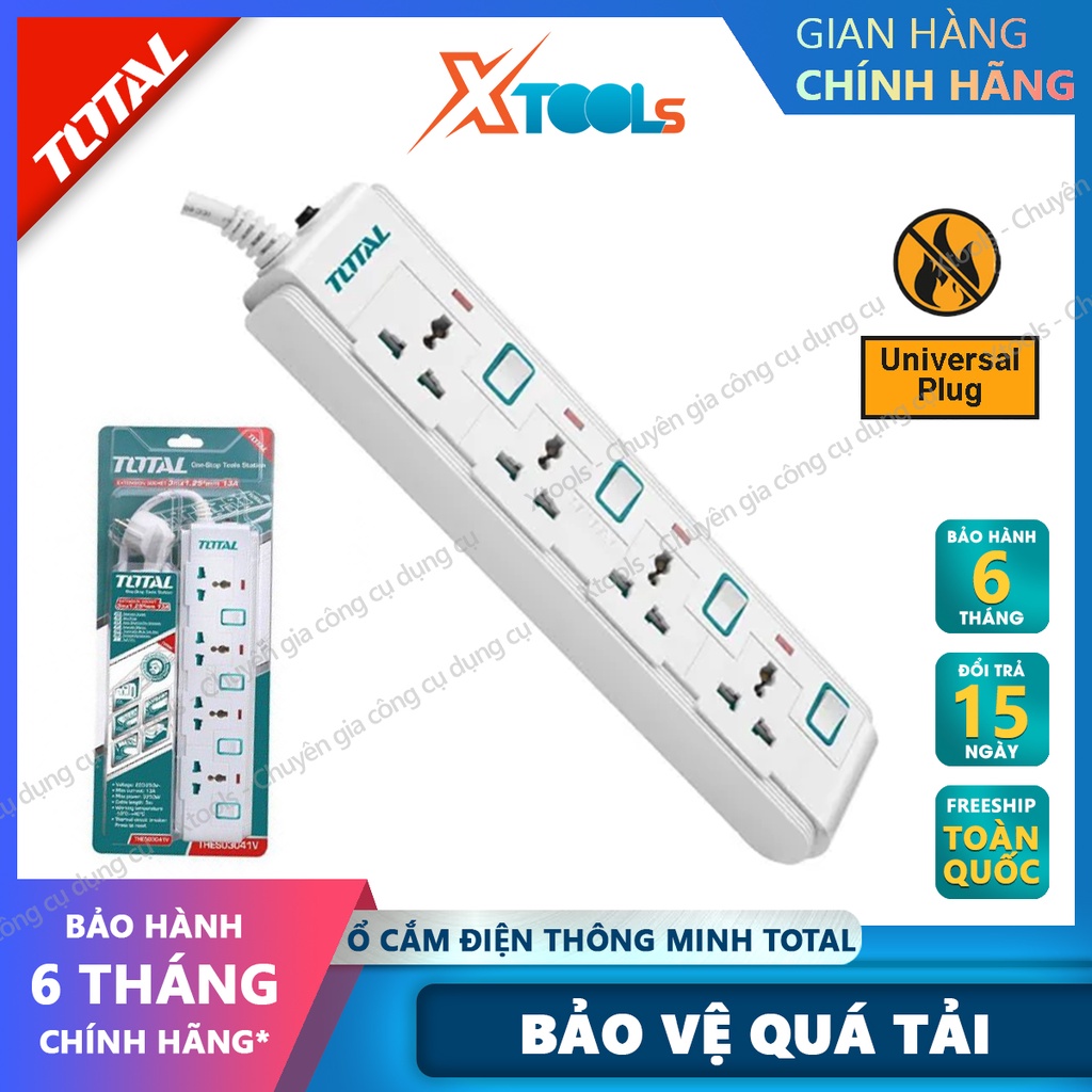 Ổ Cắm Điện Đa Năng TOTAL THES03041V 4 ổ cắm công tắc riêng 13A tải 3250W Dây đồng 3m chống cháy, quá tải, chống giật