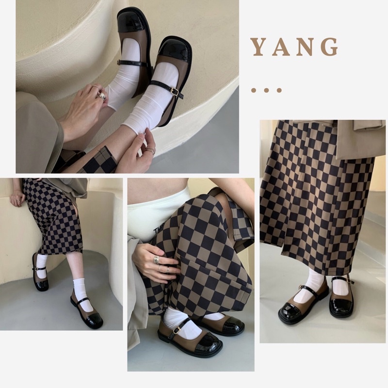 Giày búp bê mũi vuông hai màu, giày búp bê dây cài dễ phối đồ