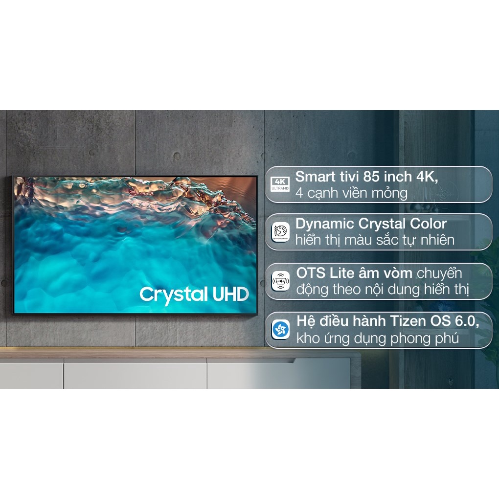 Smart Tivi Samsung 4K Crystal UHD 85 inch UA85BU8000 Mới 2022