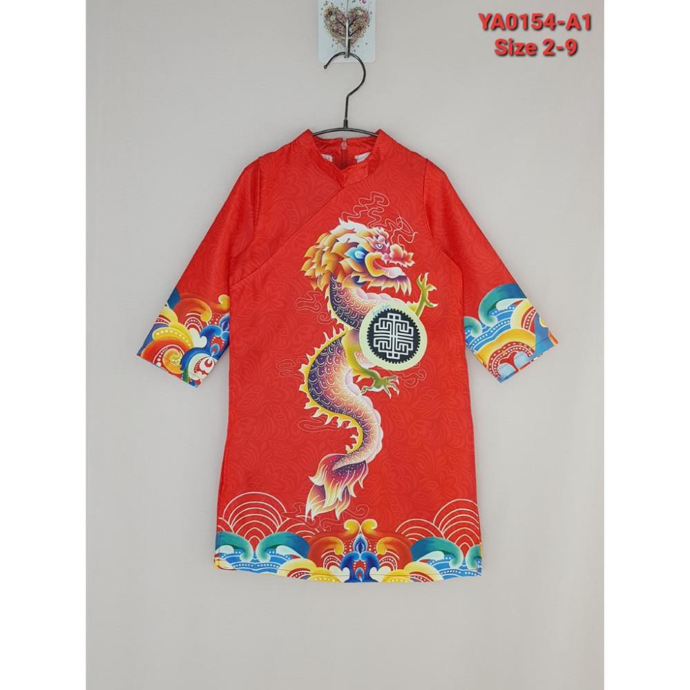 YA0154-A1 - Áo dài in hình rồng vàng, bé trai , màu đỏ , size bé 2t-9t