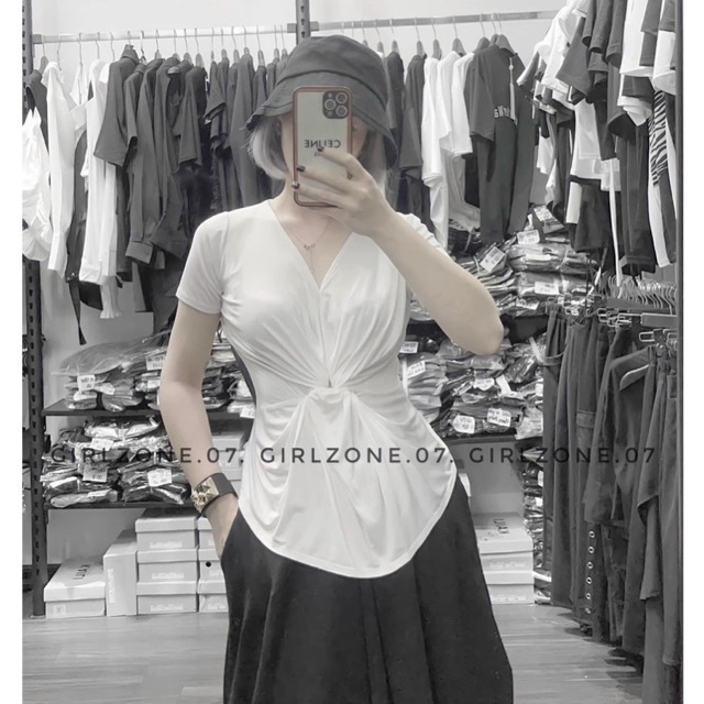 ♈♘✲Áo thun dẻo rúm vạt giữa cổ tim ngắn tay, kiểu lạnh co giãn CS1435 - NhiNhi Shop