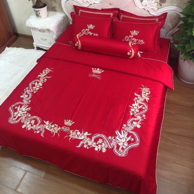 Bộ Chăn Ga 7 Món Trần Bông Lụa Satin Thêu Love siêu đẹp /sang trọng -> Đủ size