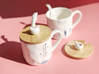 Cốc Sứ Có Nắp Thìa Hình Thỏ, Mèo