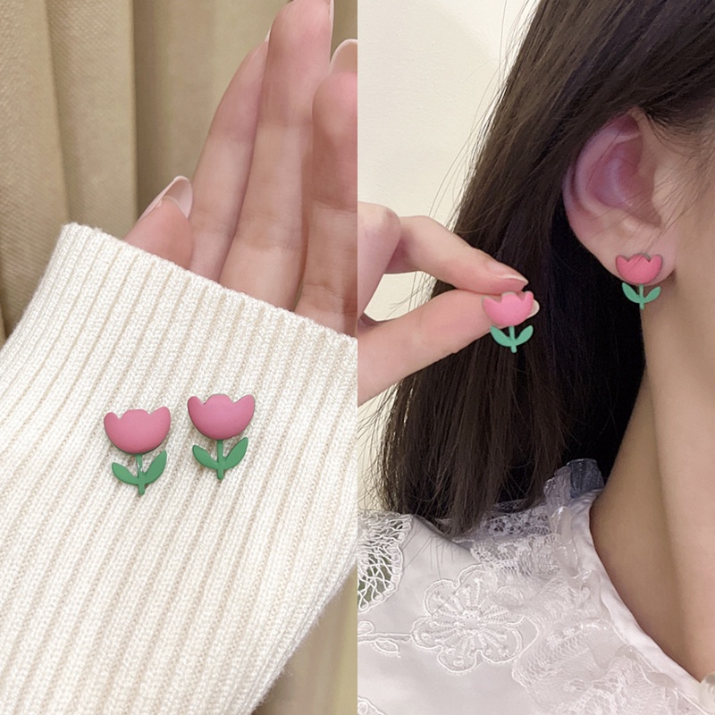 Khuyên Tai Hình Hoa Tulip Hồng Nhám Dễ Thương Chất Lượng Cao Dễ Phối Đồ